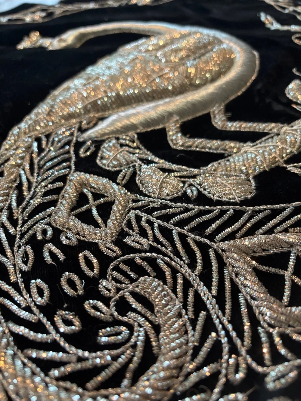 Embroidered Peacock Wall Hanging in Silver on Black